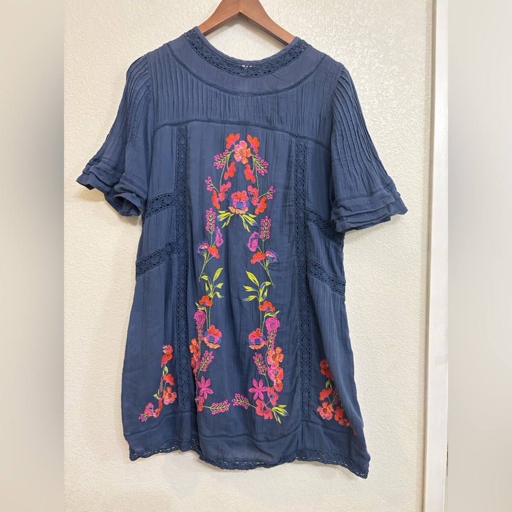 Free People Perfectly Victorian Embroidered Mini Dress Boho Blue Floral Tunic